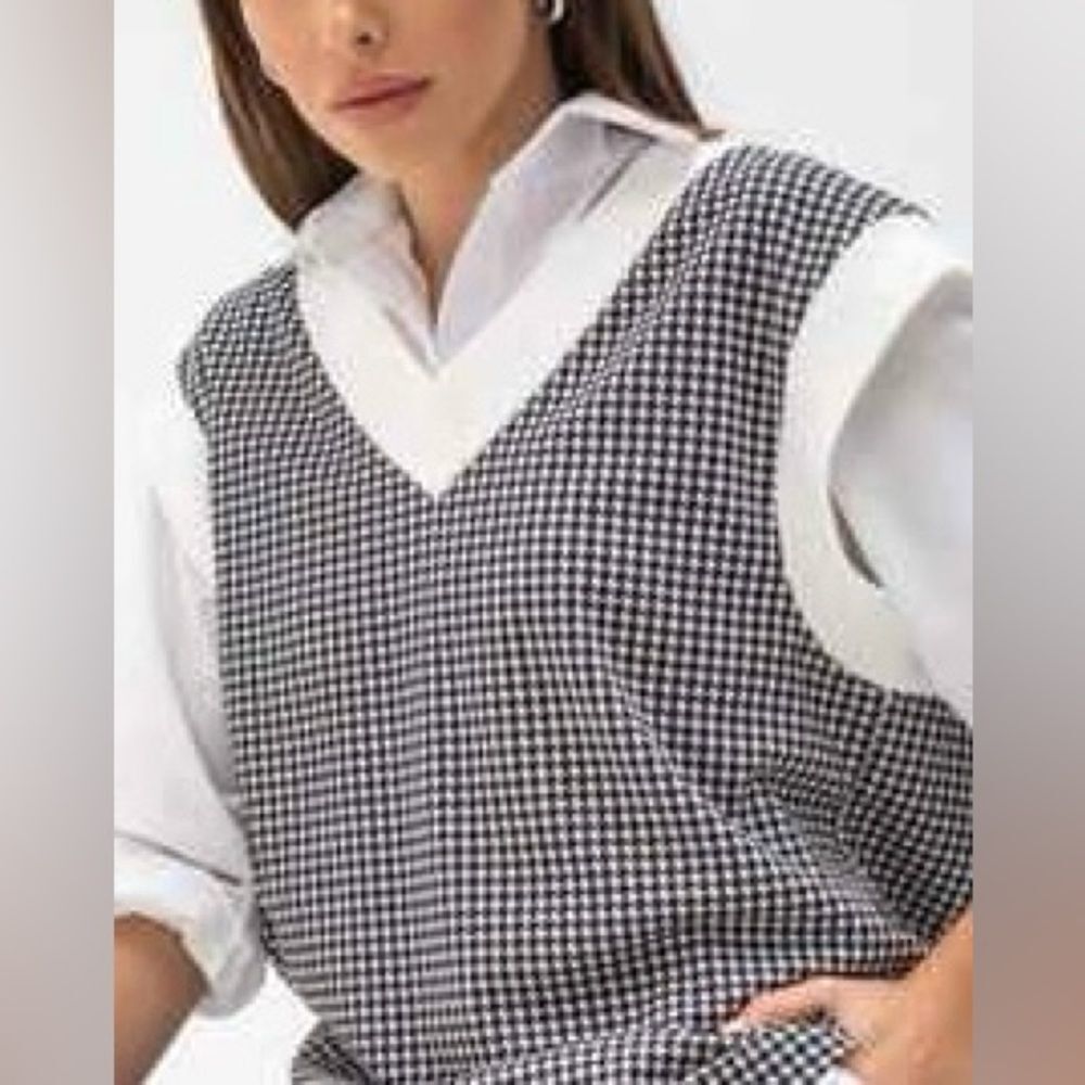Zara Black and White Houndstooth Oversized Knit Vest S